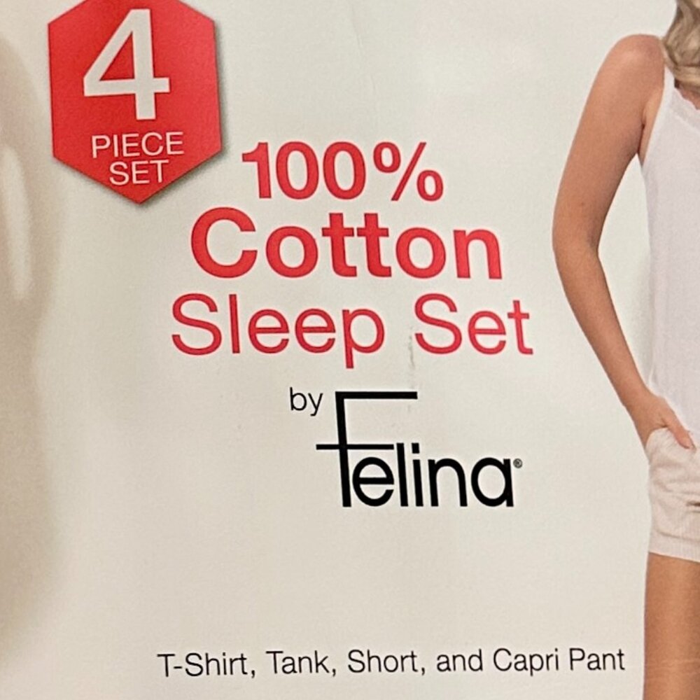 Felina Women's 4 Piece 100% Cotton Sleep Pajama Set L Tee Tank Short Capri Pant - Picture 4 of 10